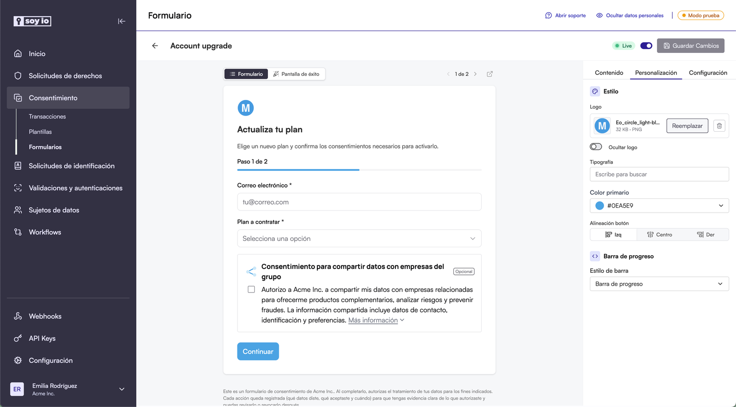 Pestaña de personalización del editor