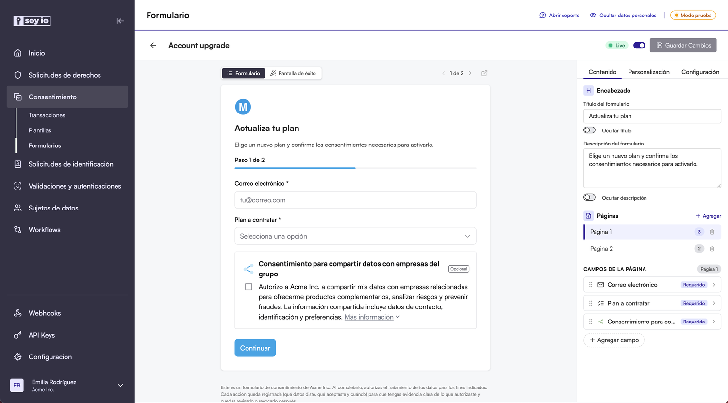 Editor de contenido con campos y páginas