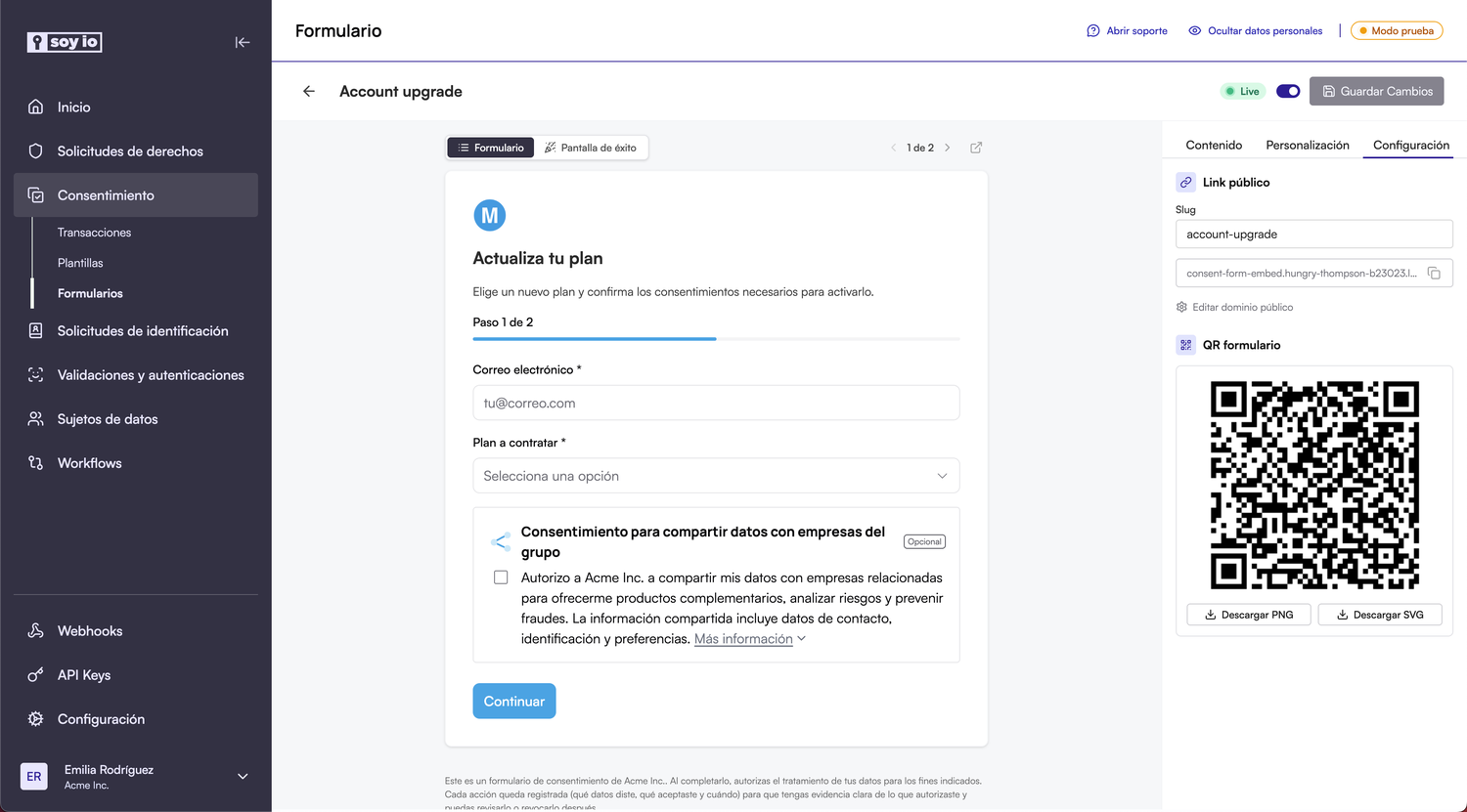 Pestaña de configuración con slug, dominio público y QR