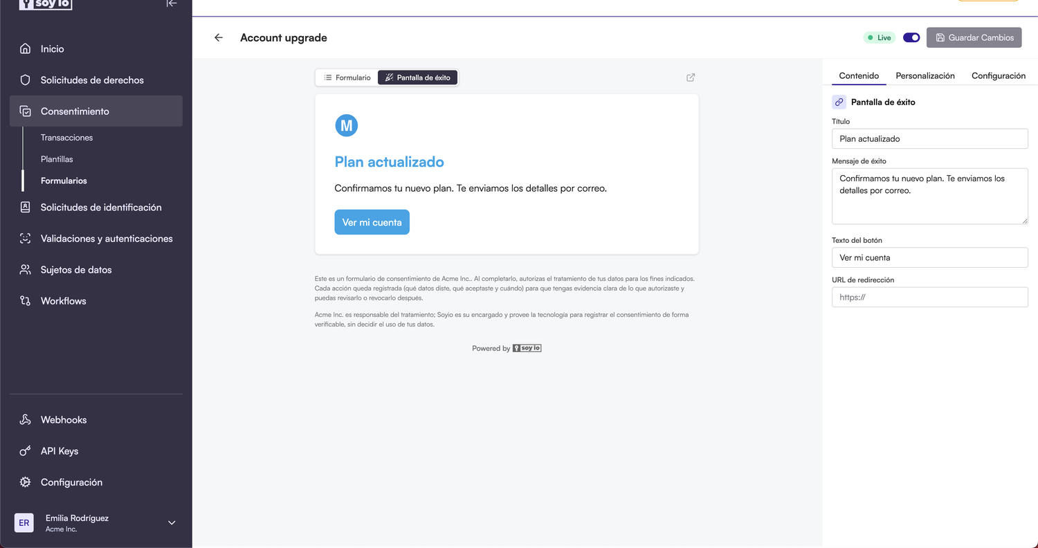 Configuración de la pantalla de éxito