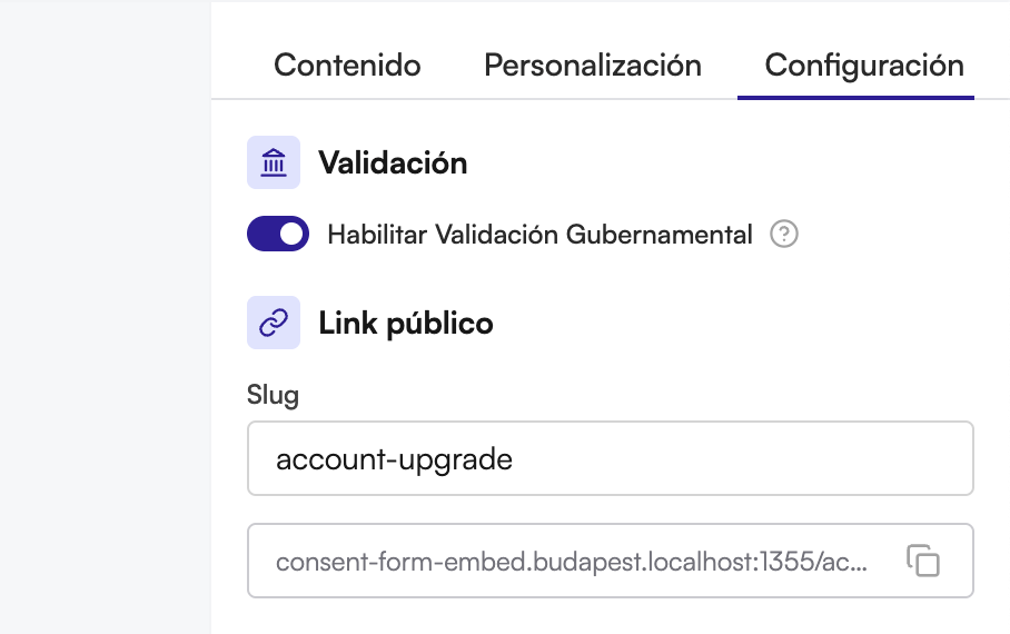 Configuración de validación gubernamental en el editor del formulario