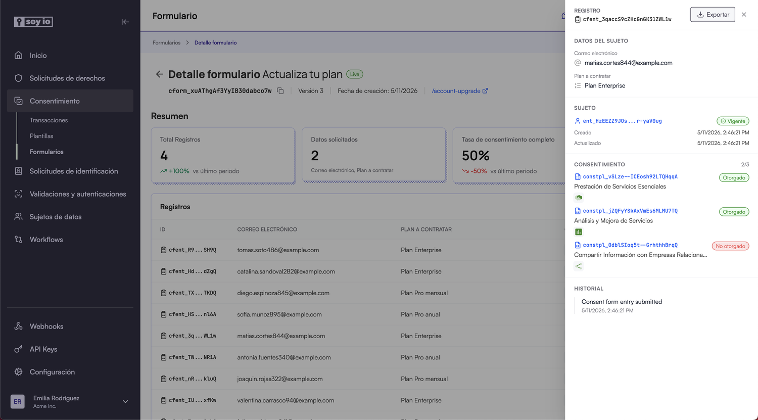 Drawer de un registro con datos del sujeto, consentimientos e historial