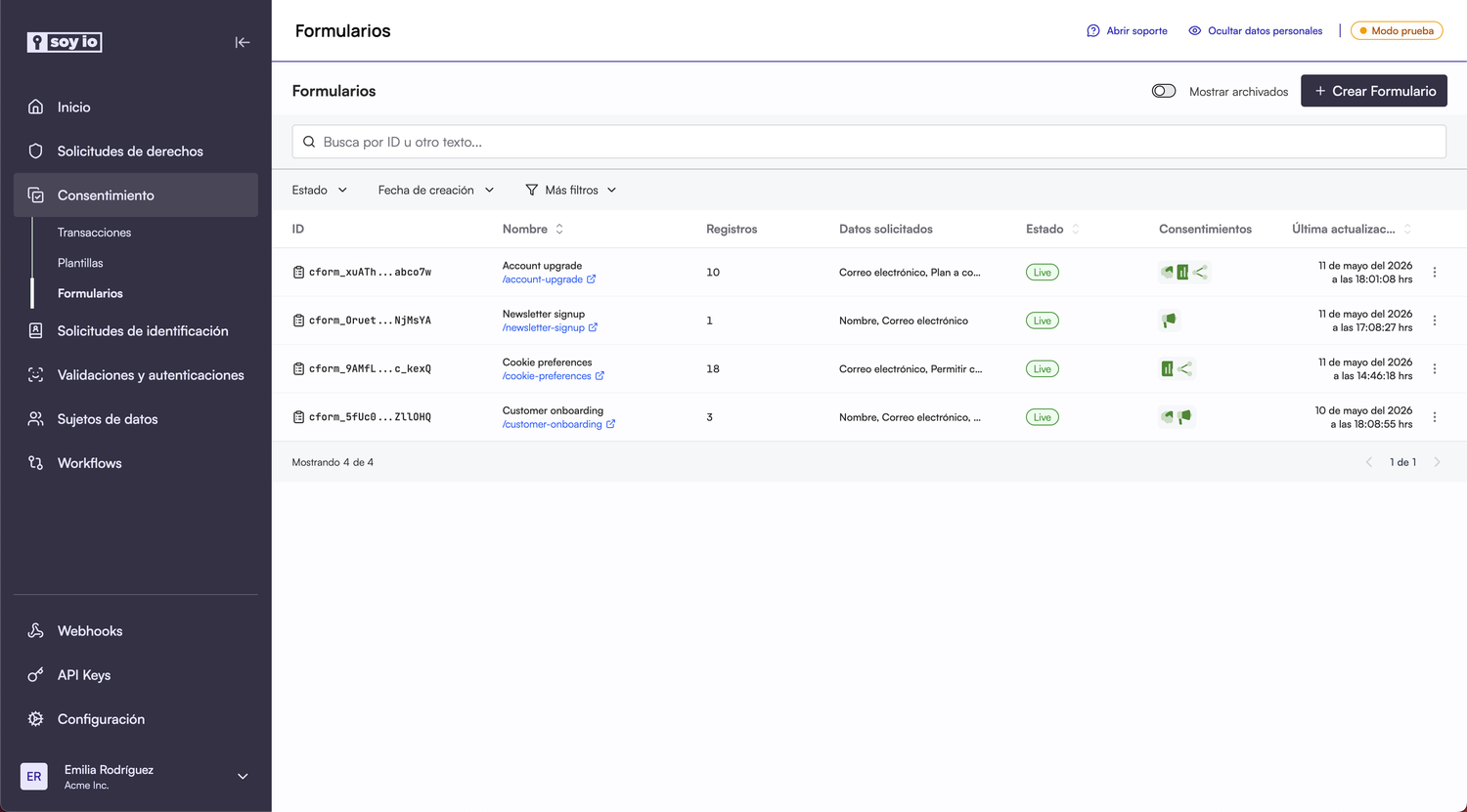 Lista de formularios en el dashboard