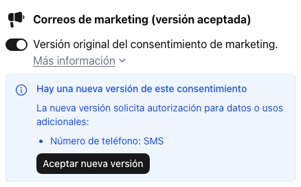 Aviso de nueva versión de consentimiento con los datos adicionales y el botón para aceptarla