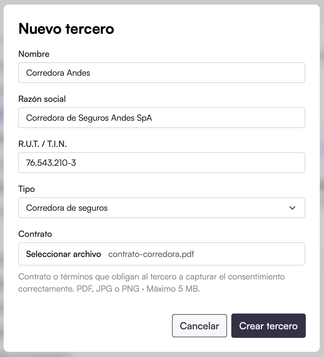 Modal para crear un nuevo tercero en el dashboard