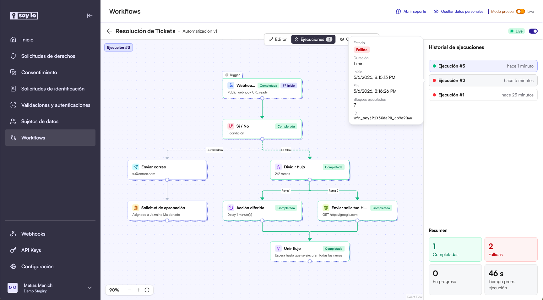 Historial de ejecuciones de un workflow con detalle del bloque seleccionado y resultados por paso